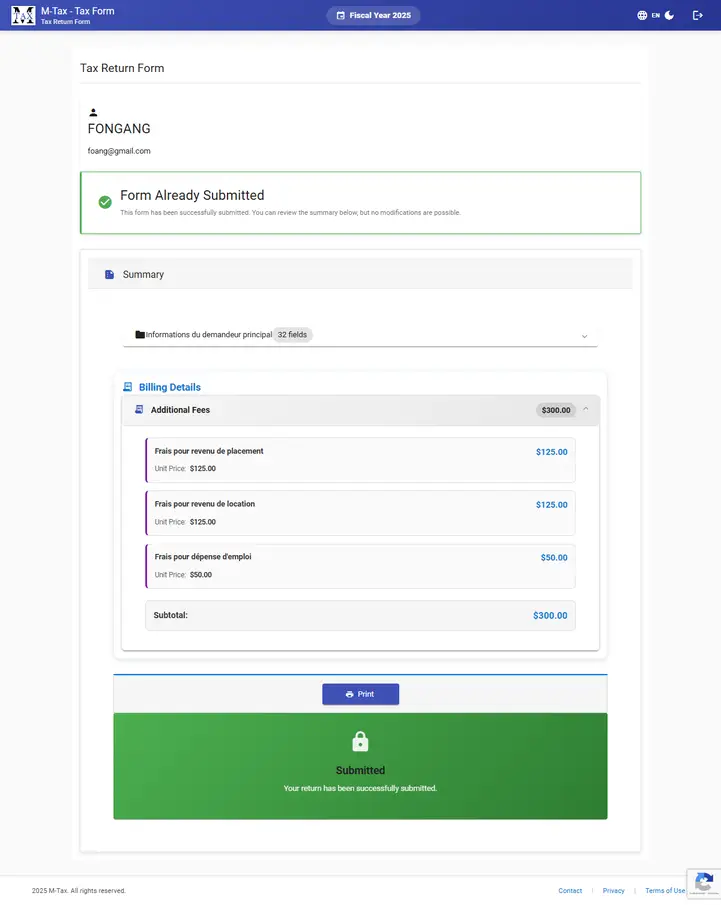 MTAX tax document collection platform — client submission confirmed
