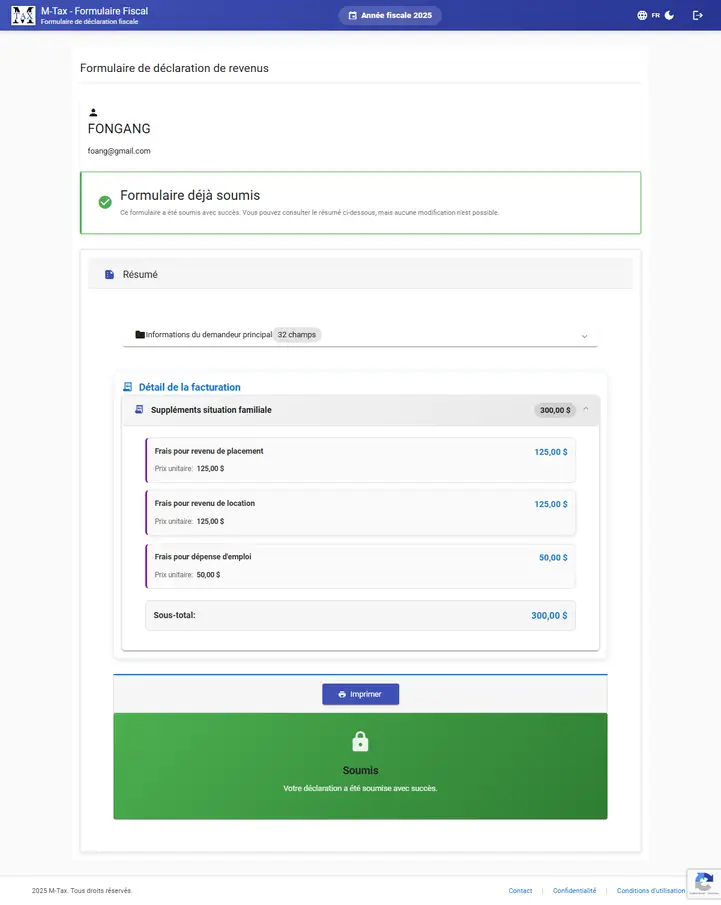 Formulaire de collecte fiscale MTAX soumis par un client &mdash; interface fran&ccedil;aise